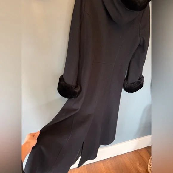 Vintage duster Long Black Wool Fur trim coat Hood cuffs sz 8p - Picture 10 of 14